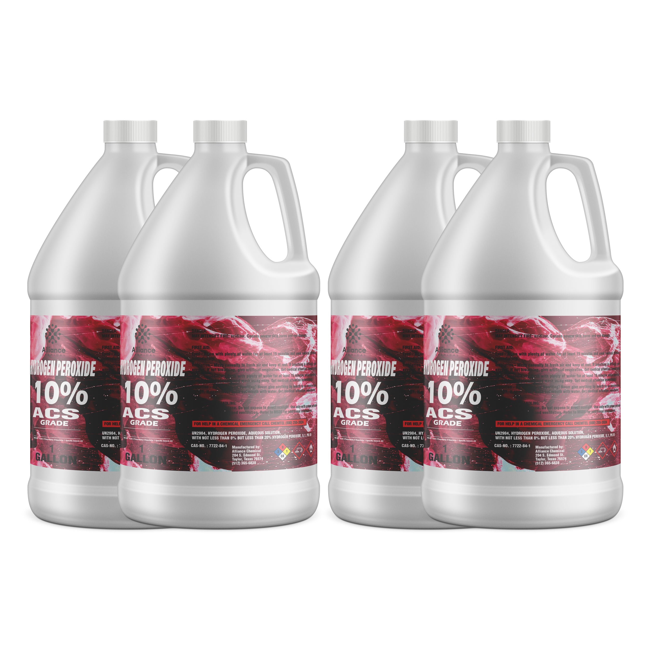 4x1-gallon Hydrogen Peroxide 10% ACS Grade in white HDPE jugs with red-black warning labels, chemical hazard symbols, CAS markings.